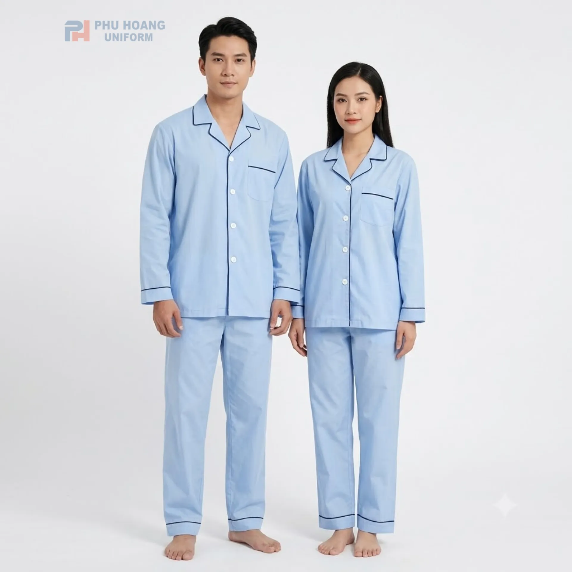 dong-phuc-benh-nhan-tron-vien Mẫu đồng phục bệnh nhân trơn viền pijama tay dài thoải mái dành cho nam và nữ.