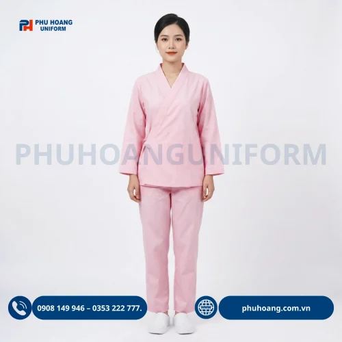 Đồng phục bệnh nhân vạt chéo cột dây cao cấp, chất liệu thoáng mát, thiết kế thoải mái, dễ mặc tại Phú Hoàng Uniform.