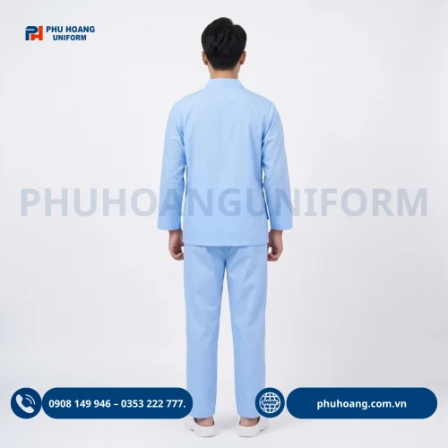 Đồng phục bệnh nhân vạt chéo cột dây cao cấp, chất liệu thoáng mát, thiết kế thoải mái, dễ mặc tại Phú Hoàng Uniform.