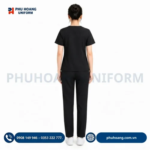 Đồng phục scrub điều dưỡng màu đen chuyên nghiệp, thiết kế thoải mái tại Phú Hoàng Uniform