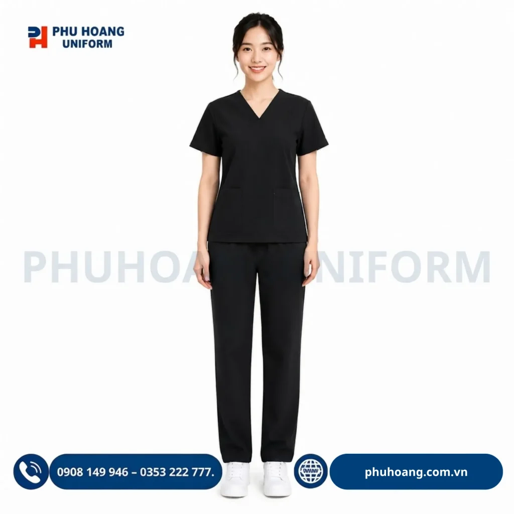 Đồng phục scrub điều dưỡng do Phú Hoàng sản xuất Đồng phục scrub điều dưỡng màu đen chuyên nghiệp, thiết kế thoải mái tại Phú Hoàng Uniform