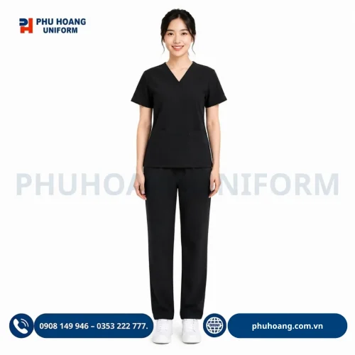 Đồng phục scrub điều dưỡng màu đen chuyên nghiệp, thiết kế thoải mái tại Phú Hoàng Uniform