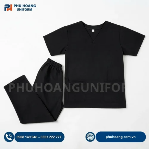 Đồng phục scrub điều dưỡng màu đen chuyên nghiệp, thiết kế thoải mái tại Phú Hoàng Uniform