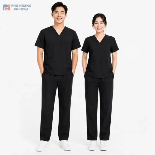Đồng phục scrub điều dưỡng màu đen chuyên nghiệp, thiết kế thoải mái tại Phú Hoàng Uniform