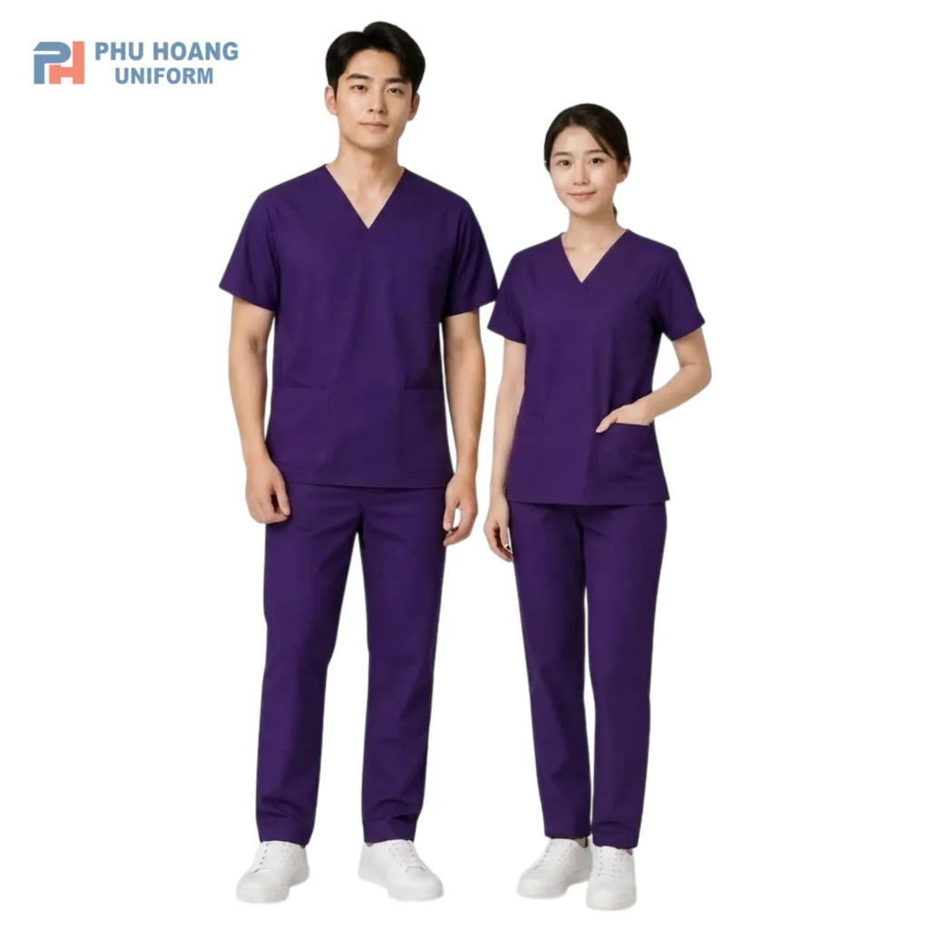 Bộ Scrub Y Tế Màu Tím Đậm Đồng phục scrub y tế màu tím đậm chất vải cotton lạnh cho điều dưỡng và spa