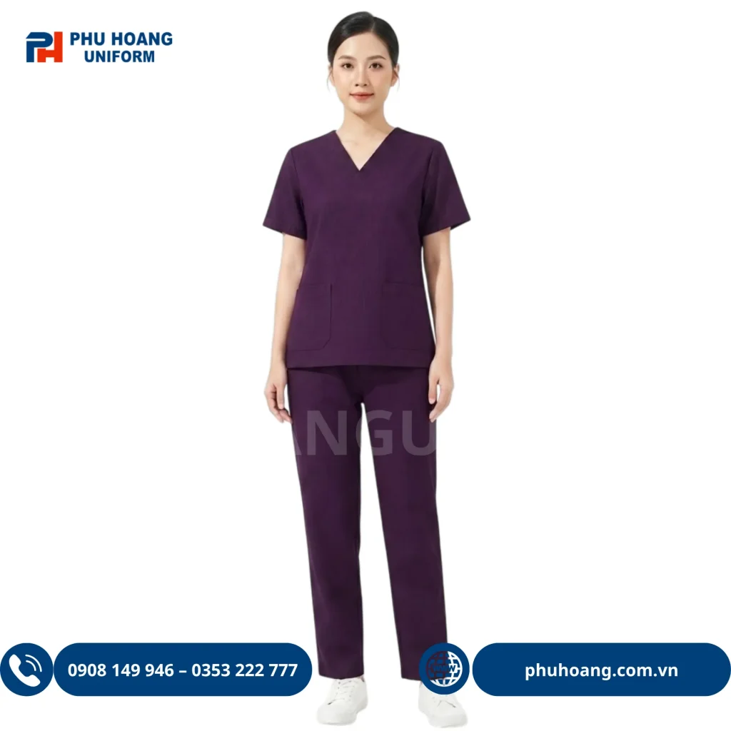 Bộ Scrub Y Tế Màu Tím Đậm Đồng phục scrub y tế màu tím đậm chất vải cotton lạnh cho điều dưỡng và spa