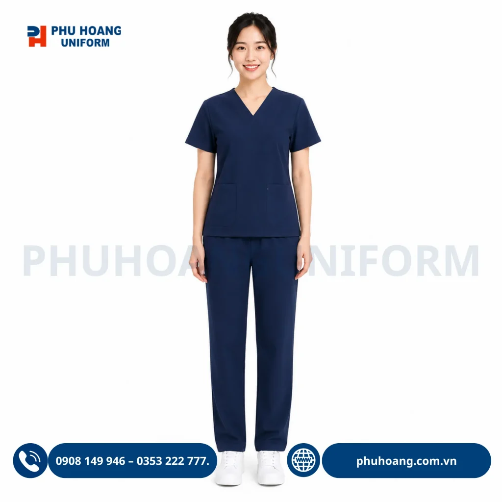 Đồng phục scrub y tế do Phú Hoàng sản xuất Đồng phục scrub y tế màu xanh than sang trọng, chuyên nghiệp tại Phú Hoàng Uniform