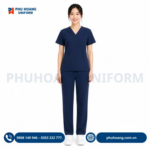 Đồng phục scrub y tế màu xanh than sang trọng, chuyên nghiệp tại Phú Hoàng Uniform