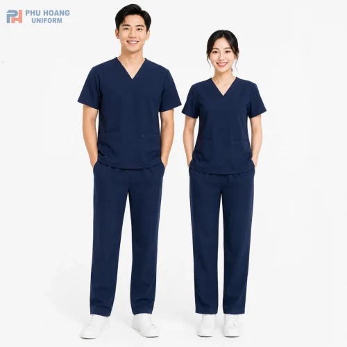Đồng phục scrub y tế màu xanh than sang trọng, chuyên nghiệp tại Phú Hoàng Uniform
