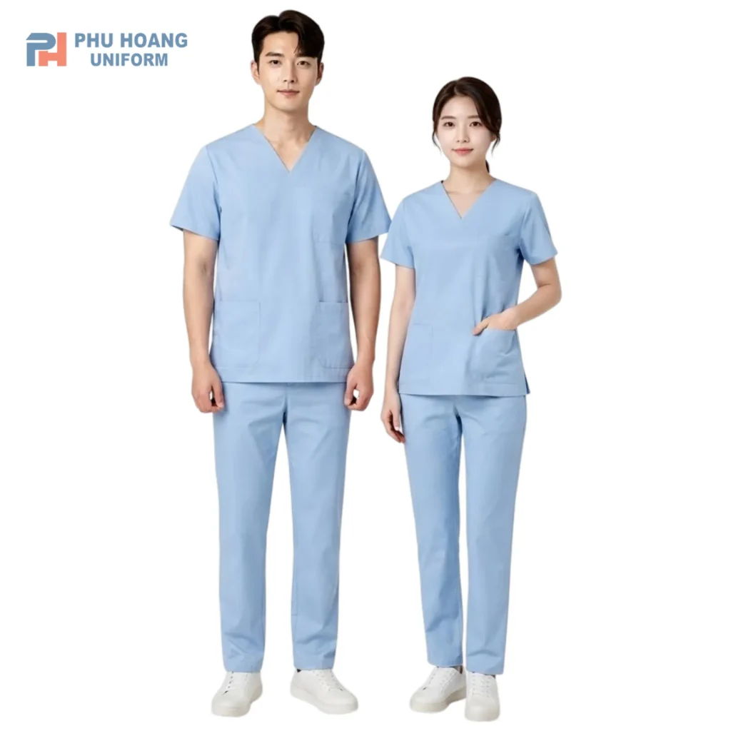 Đồng Phục Scrub Y Tế Xanh Nhạt Bộ đồng phục scrub y tế màu xanh nhạt thiết kế áo cổ V và quần dài ống suông