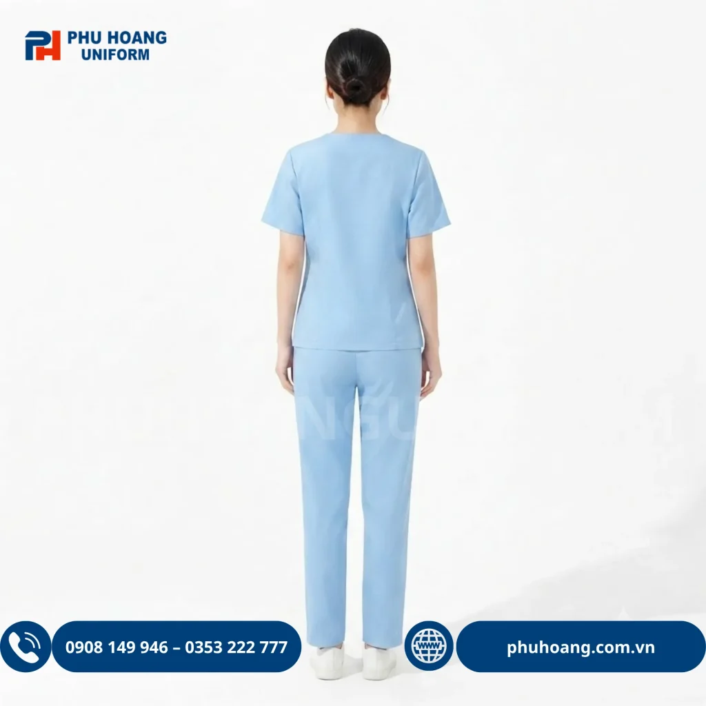 Đồng Phục Scrub Y Tế Xanh Nhạt Bộ đồng phục scrub y tế màu xanh nhạt thiết kế áo cổ V và quần dài ống suông