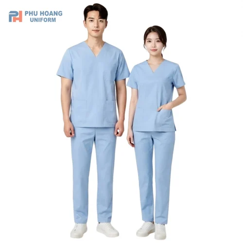 Bộ đồng phục scrub y tế màu xanh nhạt thiết kế áo cổ V và quần dài ống suông