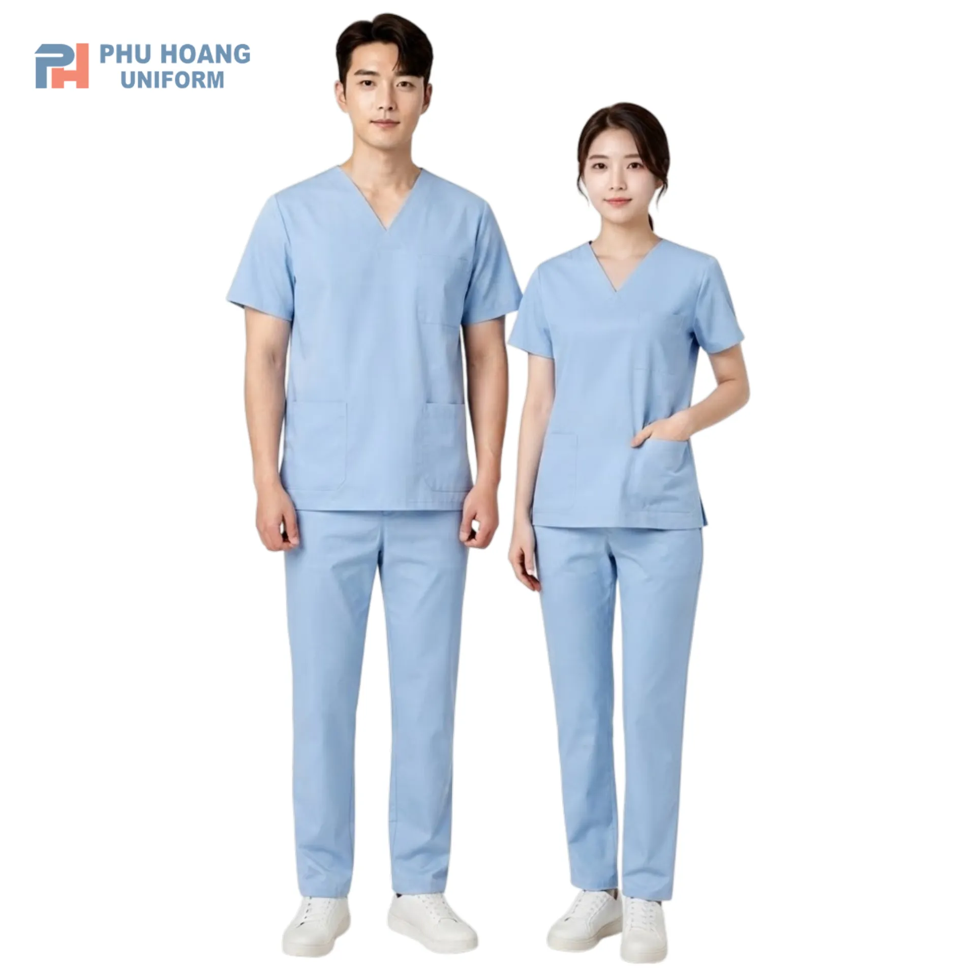 dong-phuc-scrub-y-te-xanh-nhat Bộ đồng phục scrub y tế màu xanh nhạt thiết kế áo cổ V và quần dài ống suông