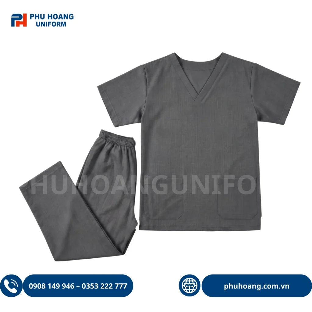 Bộ đồng phục scrubs màu ghi từ Phú Hoàng Uniform. Đồng phục scrubs ghi cao cấp cho spa và clinic, chất liệu vải cotton lạnh, áo cổ tim và quần lưng cạp chun tiện dụng của Phú Hoàng Uniform.