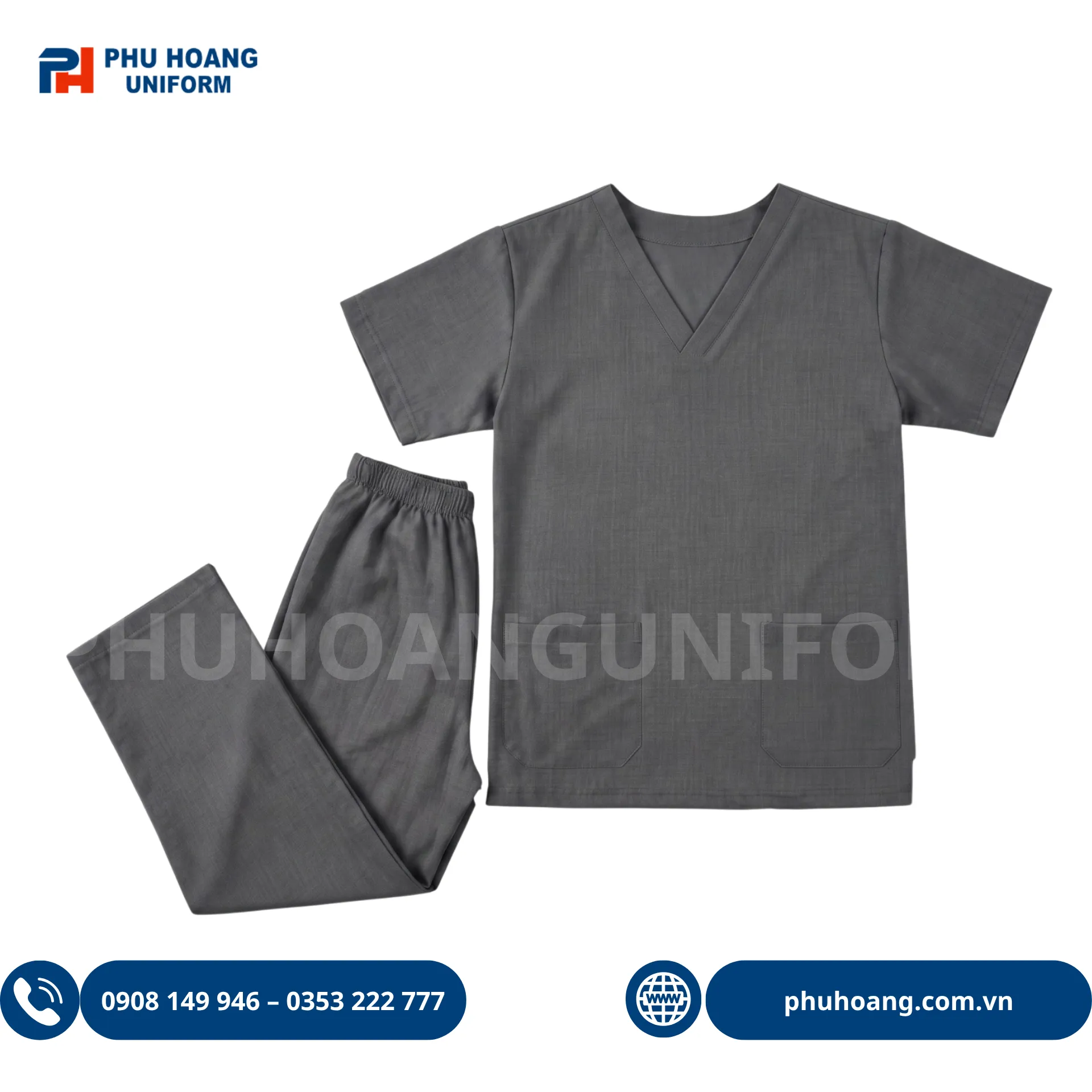 dong-phuc-scrubs-co-tim-mau-ghi (2) Đồng phục scrubs ghi cao cấp cho spa và clinic, chất liệu vải cotton lạnh, áo cổ tim và quần lưng cạp chun tiện dụng của Phú Hoàng Uniform.