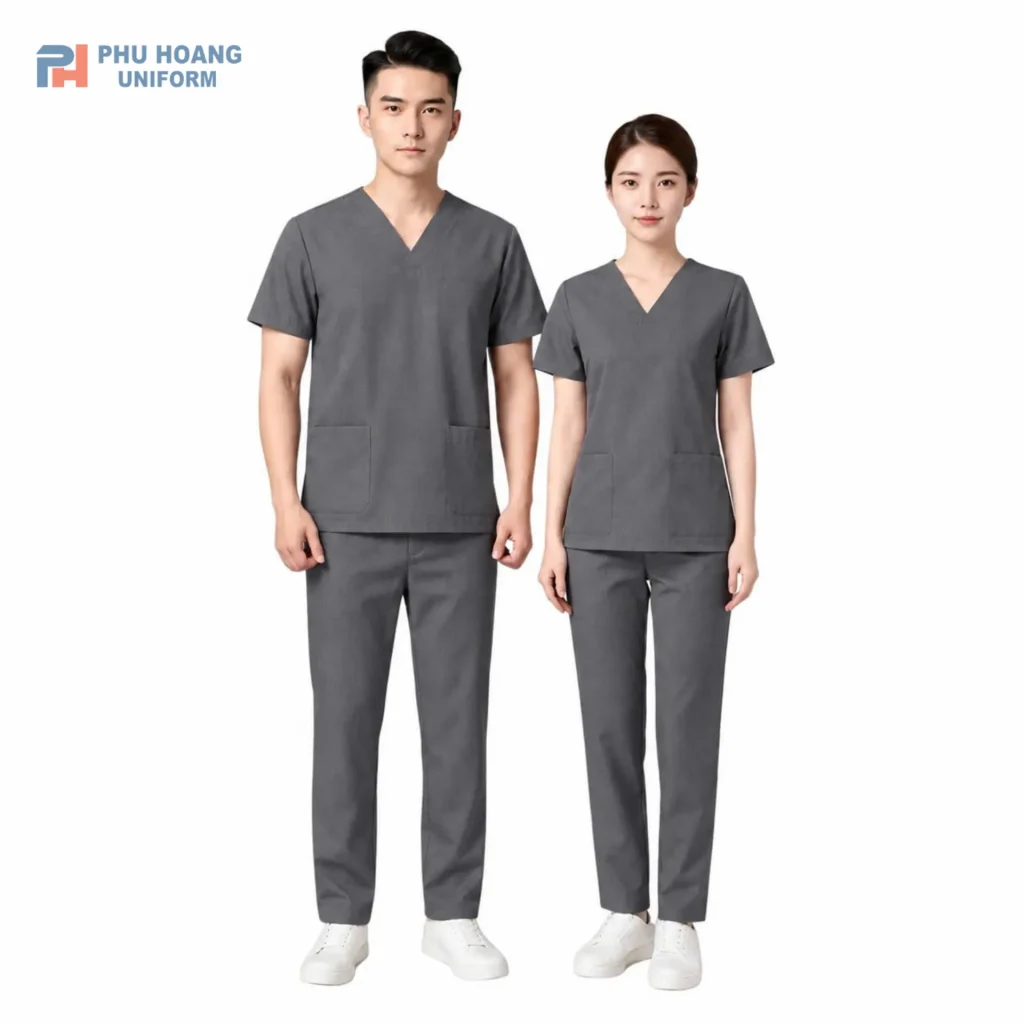 Bộ đồng phục scrubs màu ghi từ Phú Hoàng Uniform. Đồng phục scrubs ghi cao cấp cho spa và clinic, chất liệu vải cotton lạnh, áo cổ tim và quần lưng cạp chun tiện dụng của Phú Hoàng Uniform.