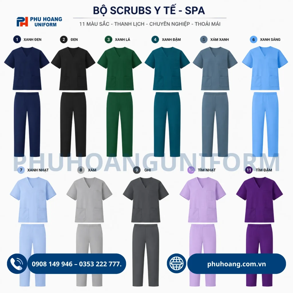 Bộ đồng phục scrubs màu từ Phú Hoàng Uniform. Đồng phục scrubs ghi cao cấp cho spa và clinic, chất liệu vải cotton lạnh, áo cổ tim và quần lưng cạp chun tiện dụng của Phú Hoàng Uniform.