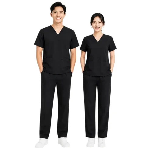 Đồng phục scrubs điều dưỡng màu đen chuyên nghiệp, thiết kế thoải mái tại Phú Hoàng Uniform