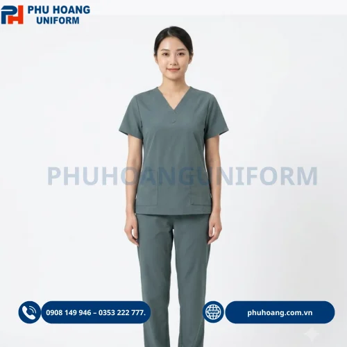 Bộ đồng phục scrubs điều dưỡng màu xám xanh chất vải cao cấp may sẵn tại xưởng Phú Hoàng
