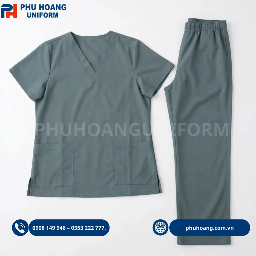 Đồng phục scrubs điều dưỡng do Phú Hoàng sản xuất Bộ đồng phục scrubs điều dưỡng màu xám xanh chất vải cao cấp may sẵn tại xưởng Phú Hoàng