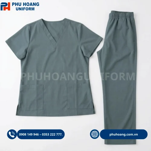 Bộ đồng phục scrubs điều dưỡng màu xám xanh chất vải cao cấp may sẵn tại xưởng Phú Hoàng