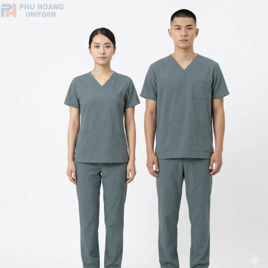 Đồng phục scrubs điều dưỡng do Phú Hoàng sản xuất Bộ đồng phục scrubs điều dưỡng màu xám xanh chất vải cao cấp may sẵn tại xưởng Phú Hoàng