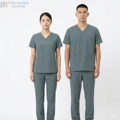 Bộ đồng phục scrubs điều dưỡng màu xám xanh chất vải cao cấp may sẵn tại xưởng Phú Hoàng