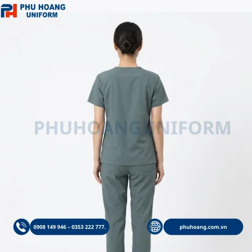 Bộ đồng phục scrubs điều dưỡng màu xám xanh chất vải cao cấp may sẵn tại xưởng Phú Hoàng