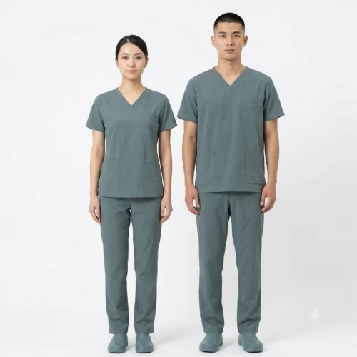Bộ đồng phục scrubs điều dưỡng màu xám xanh chất vải cao cấp may sẵn tại xưởng Phú Hoàng
