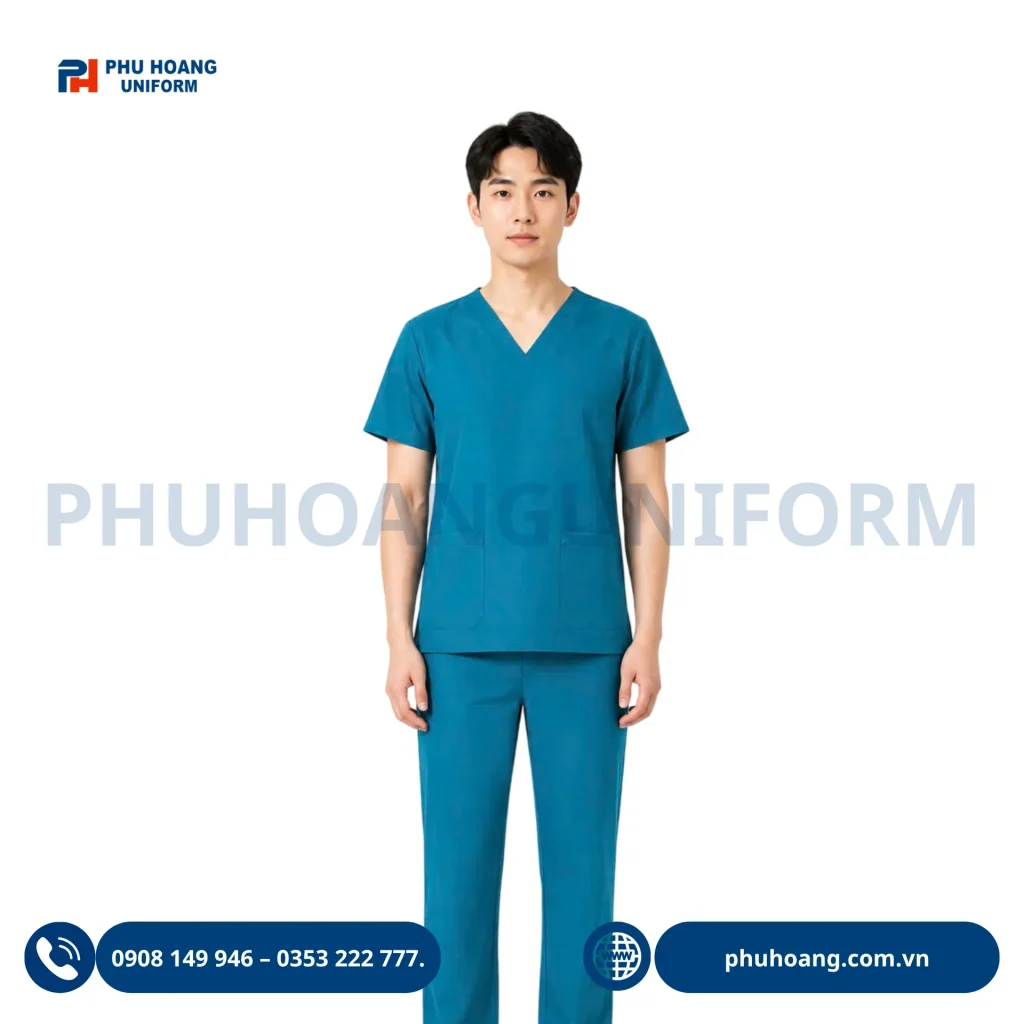 Đồng phục scrubs điều dưỡng do Phú Hoàng sản xuất Đồng phục scrubs điều dưỡng màu xanh đậm chất vải cotton lạnh cao cấp may sẵn tại xưởng Phú Hoàng