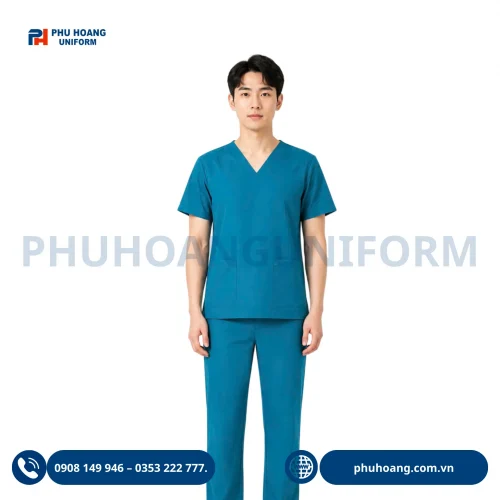 Đồng phục scrubs điều dưỡng màu xanh đậm chất vải cotton lạnh cao cấp may sẵn tại xưởng Phú Hoàng