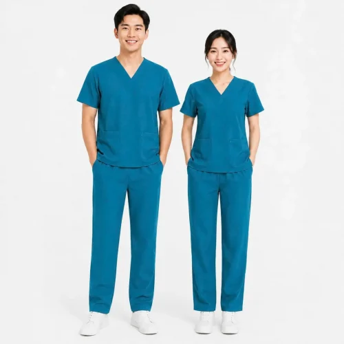 Hình ảnh bộ đồng phục scrubs thiết kế áo cổ tim tay ngắn kết hợp quần lưng chun, mang lại sự thoải mái và chuyên nghiệp
