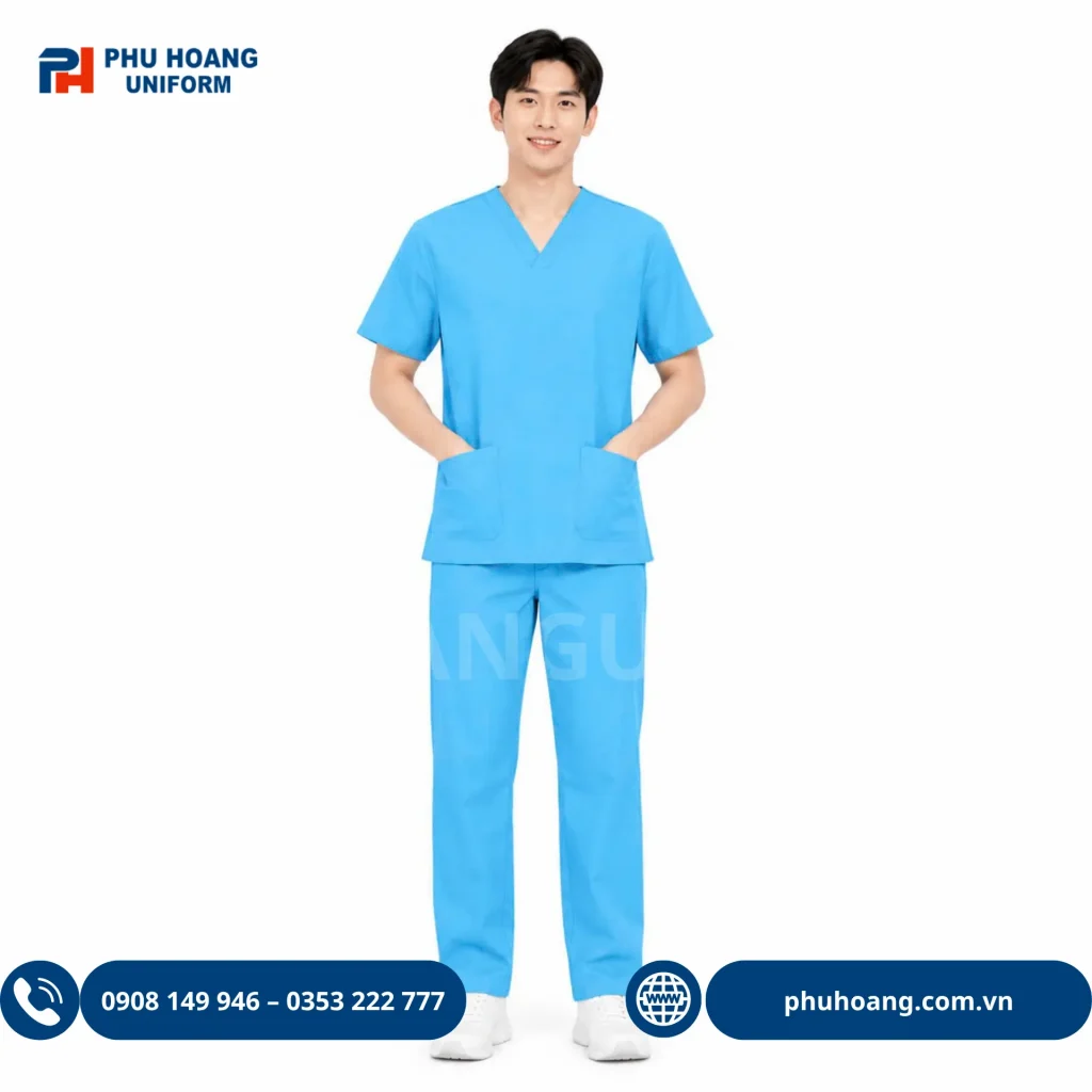 Đồng phục scrubs điều dưỡng do Phú Hoàng sản xuất Bộ đồng phục scrubs điều dưỡng màu xanh sáng chất vải cao cấp may sẵn tại xưởng Phú Hoàng