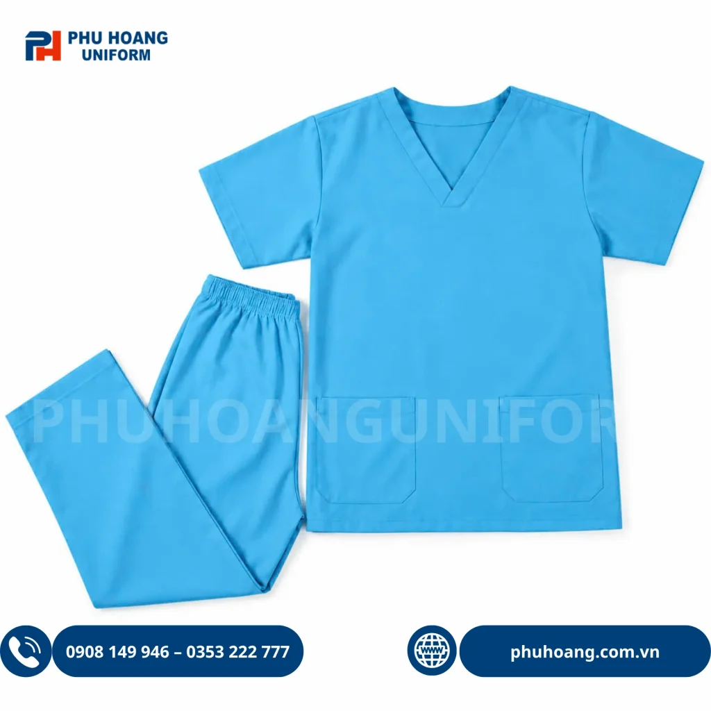 Bộ đồng phục scrubs điều dưỡng màu xanh sáng chất vải cao cấp may sẵn tại xưởng Phú Hoàng