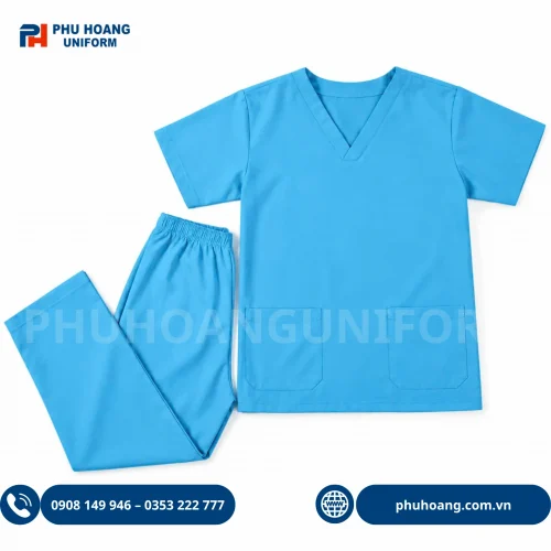 Bộ đồng phục scrubs điều dưỡng màu xanh sáng chất vải cao cấp may sẵn tại xưởng Phú Hoàng