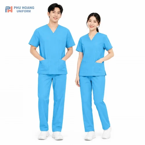 Bộ đồng phục scrubs điều dưỡng màu xanh sáng chất vải cao cấp may sẵn tại xưởng Phú Hoàng