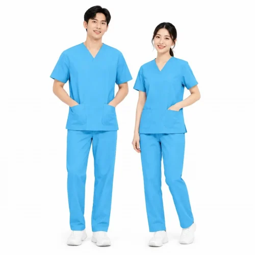 Bộ đồng phục scrubs điều dưỡng màu xanh sáng chất vải cao cấp may sẵn tại xưởng Phú Hoàng