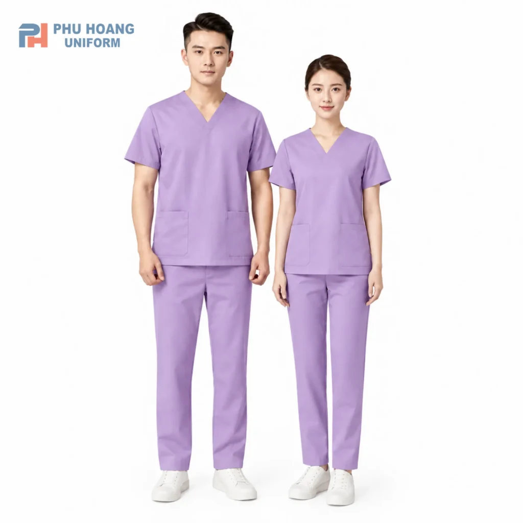 BỘ SCRUBS ĐIỀU DƯỠNG TÍM NHẠT Bộ scrubs điều dưỡng tím nhạt chất liệu cotton lạnh cao cấp, thiết kế cổ tim và quần lưng chun tiện lợi của Phú Hoàng Uniform.