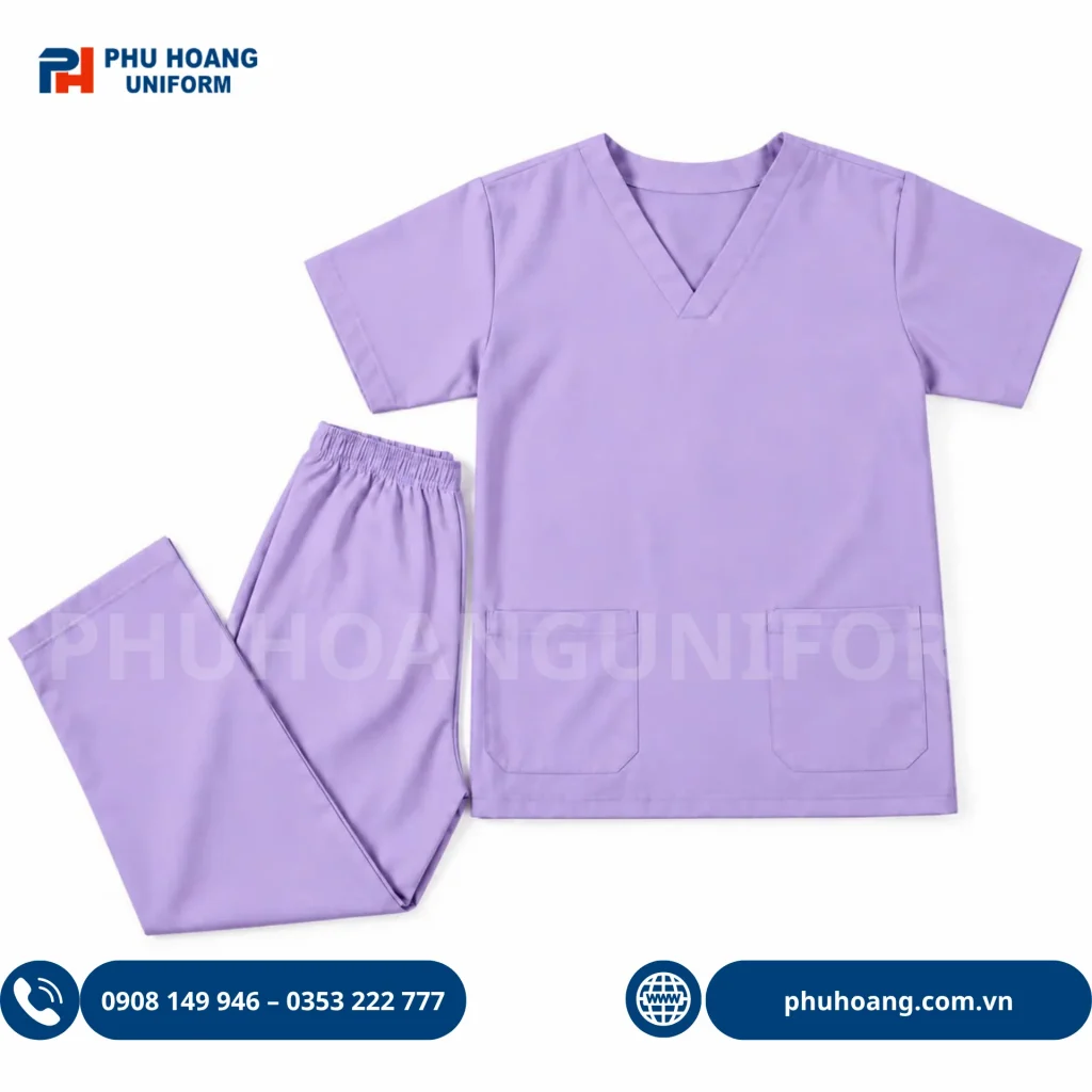 BỘ SCRUBS ĐIỀU DƯỠNG TÍM NHẠT Bộ scrubs điều dưỡng tím nhạt chất liệu cotton lạnh cao cấp, thiết kế cổ tim và quần lưng chun tiện lợi của Phú Hoàng Uniform.