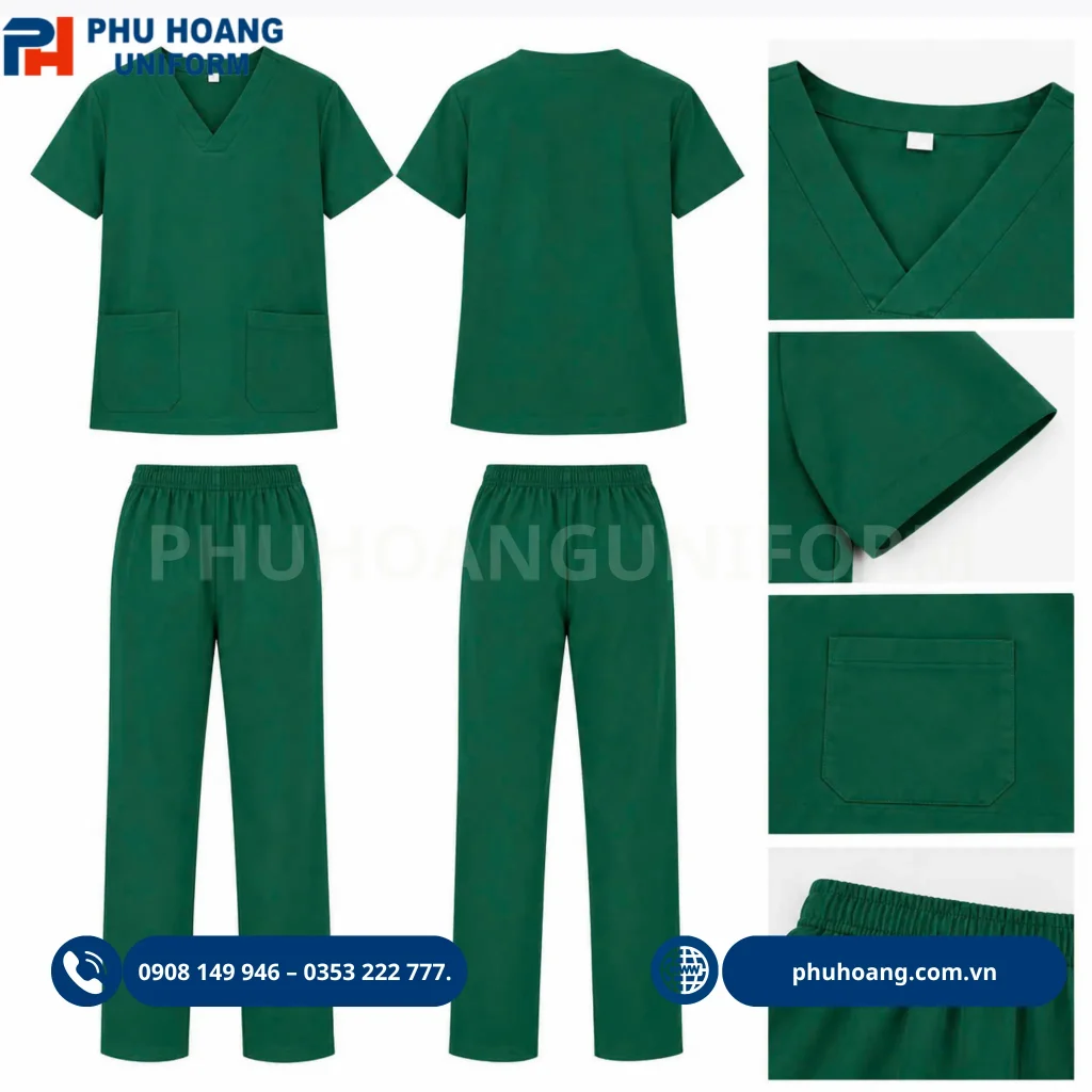 Đồng phục scrubs y tế do Phú Hoàng sản xuất Hình ảnh bộ đồng phục scrubs màu xanh lá dành cho nhân viên y tế, thiết kế áo cổ tim tay ngắn kết hợp quần lưng chun, mang lại sự thoải mái và chuyên nghiệp trong môi trường y tế.