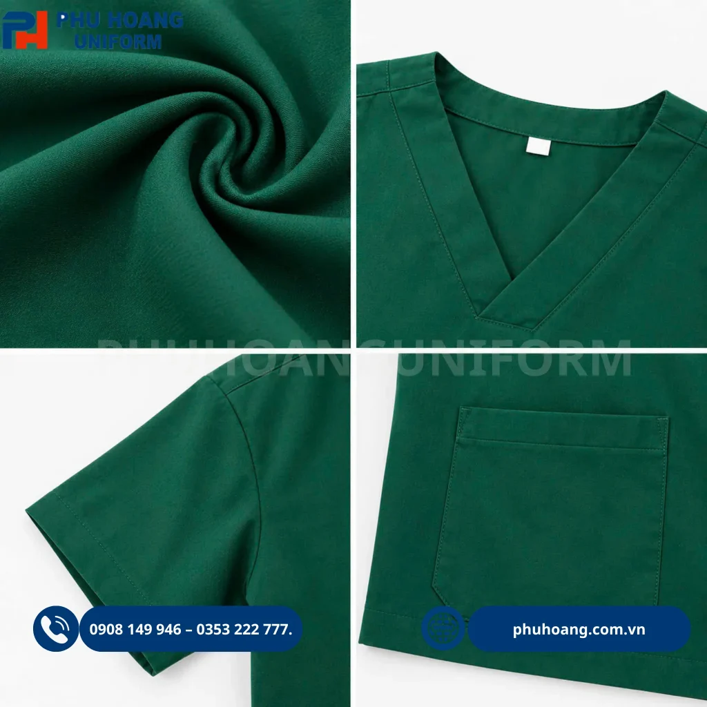 Đồng phục scrubs y tế do Phú Hoàng sản xuất Hình ảnh bộ đồng phục scrubs màu xanh lá dành cho nhân viên y tế, thiết kế áo cổ tim tay ngắn kết hợp quần lưng chun, mang lại sự thoải mái và chuyên nghiệp trong môi trường y tế.