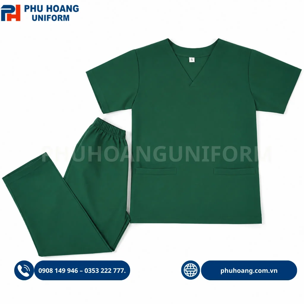 Đồng phục scrubs y tế do Phú Hoàng sản xuất Hình ảnh bộ đồng phục scrubs màu xanh lá dành cho nhân viên y tế, thiết kế áo cổ tim tay ngắn kết hợp quần lưng chun, mang lại sự thoải mái và chuyên nghiệp trong môi trường y tế.