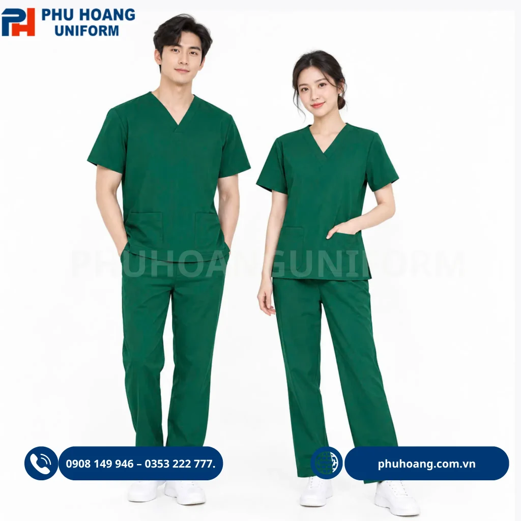 Đồng phục scrubs y tế do Phú Hoàng sản xuất Hình ảnh bộ đồng phục scrubs màu xanh lá dành cho nhân viên y tế, thiết kế áo cổ tim tay ngắn kết hợp quần lưng chun, mang lại sự thoải mái và chuyên nghiệp trong môi trường y tế.