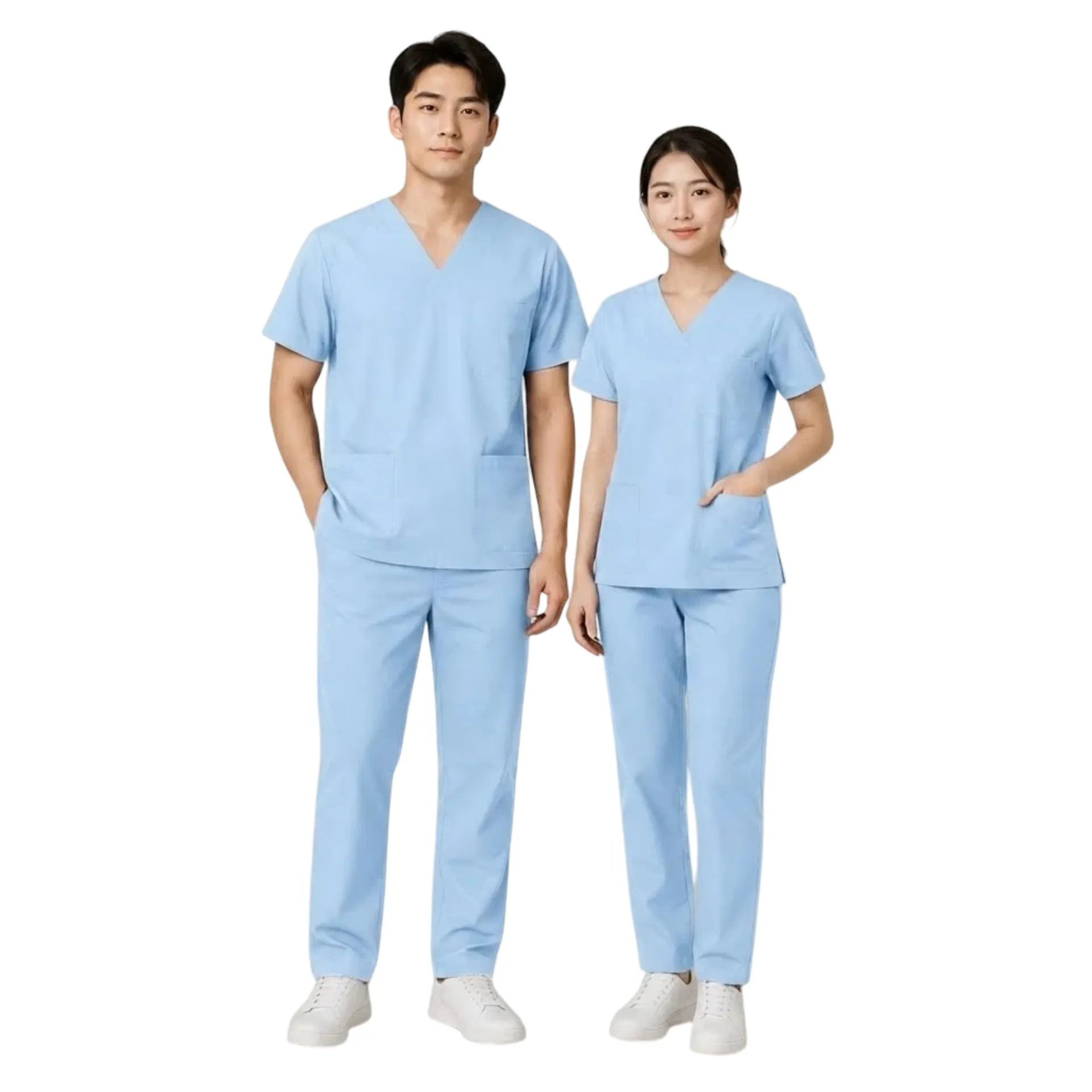 dong-phuc-scrubs-y-te-xanh-nhat 20 Bộ đồng phục scrubs y tế màu xanh nhạt thiết kế áo cổ V và quần dài ống suông