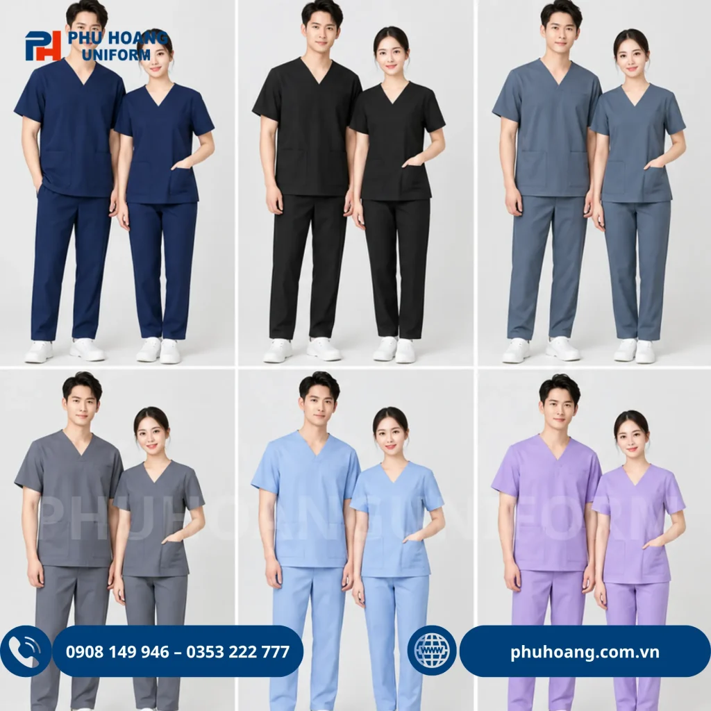 Bộ đồng phục scrubs Hình ảnh bộ đồng phục scrubs thiết kế áo cổ tim tay ngắn kết hợp quần lưng chun, mang lại sự thoải mái và chuyên nghiệp
