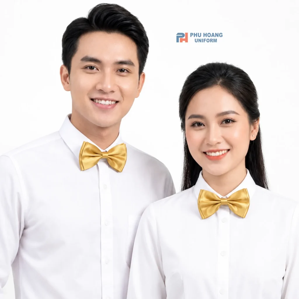 Nơ vàng phục vụ may sẵn Nơ phục vụ màu vàng may sẵn nổi bật với thiết kế gọn gàng, dễ đeo và phù hợp phối cùng áo sơ mi đồng phục. Sản phẩm thích hợp cho nhân viên nhà hàng, khách sạn, tiệc cưới, sự kiện và dịch vụ ăn uống.