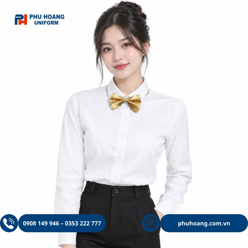 Nơ vàng phục vụ may sẵn Nơ phục vụ màu vàng may sẵn nổi bật với thiết kế gọn gàng, dễ đeo và phù hợp phối cùng áo sơ mi đồng phục. Sản phẩm thích hợp cho nhân viên nhà hàng, khách sạn, tiệc cưới, sự kiện và dịch vụ ăn uống.