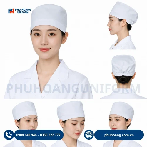 Nón bác sĩ đồng phục màu trắng, thiết kế gọn gàng, chuyên nghiệp, phù hợp cho bệnh viện, phòng khám và cơ sở y tế.