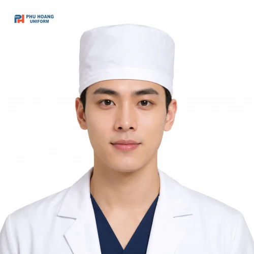 Nón bác sĩ đồng phục màu trắng, thiết kế gọn gàng, chuyên nghiệp, phù hợp cho bệnh viện, phòng khám và cơ sở y tế.