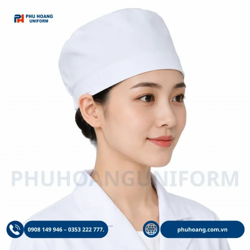 Nón bác sĩ đồng phục màu trắng, thiết kế gọn gàng, chuyên nghiệp, phù hợp cho bệnh viện, phòng khám và cơ sở y tế.